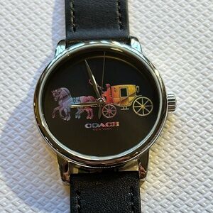 Coach Grand Watch With 36mm Black Face Rainbow Carriage & Black Leather Band